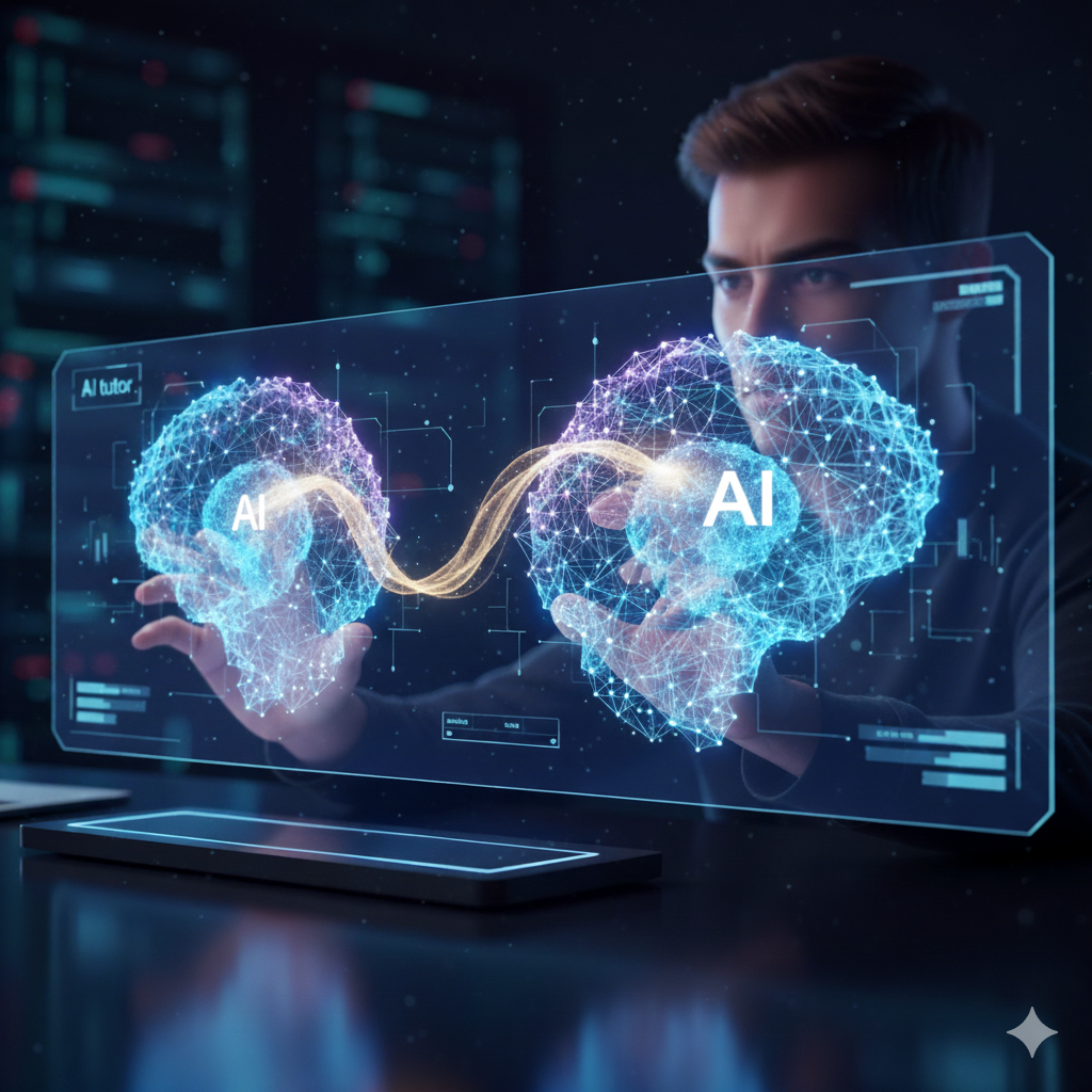 A user interacting with a holographic interface displaying two interconnected brains, representing the building of an AI tutor.